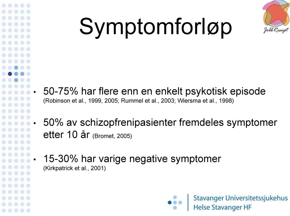 , 1998) 50% av schizopfrenipasienter fremdeles symptomer etter 10 år