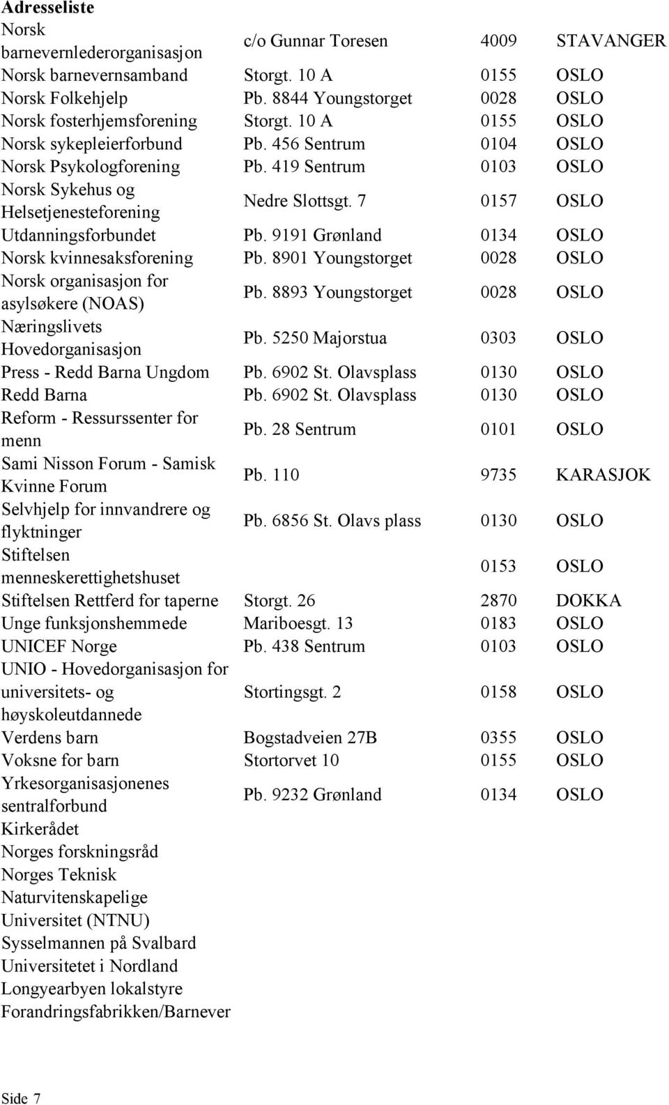 7 0157 OSLO Utdanningsforbundet Pb. 9191 Grønland 0134 OSLO Norsk kvinnesaksforening Pb. 8901 Youngstorget 0028 OSLO Norsk organisasjon for asylsøkere (NOAS) Pb.