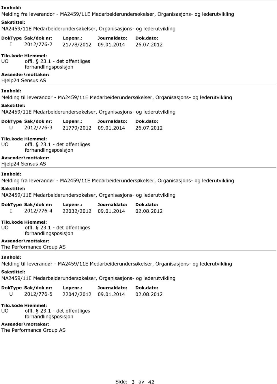 2012 Avsender Hjelp24 mottaker: Sensus AS Melding fra leverandør - I 2012/776-4 22032/2012 09.01.2014 02.