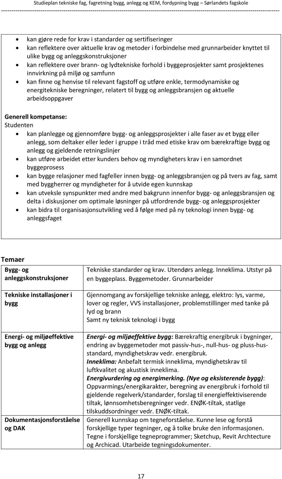 beregninger, relatert til bygg og anleggsbransjen og aktuelle arbeidsoppgaver Generell kompetanse: kan planlegge og gjennomføre bygg- og anleggsprosjekter i alle faser av et bygg eller anlegg, som