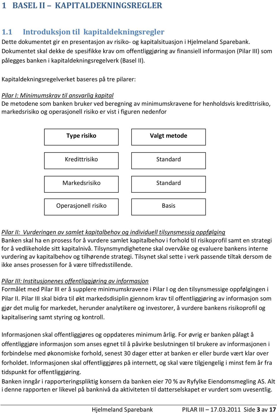 Kapitaldekningsregelverket baseres på tre pilarer: Pilar I: Minimumskrav til ansvarlig kapital De metodene som banken bruker ved beregning av minimumskravene for henholdsvis kredittrisiko,