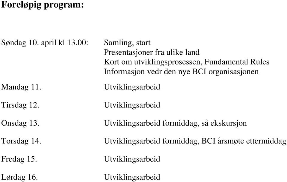 Samling, start Presentasjoner fra ulike land Kort om utviklingsprosessen,