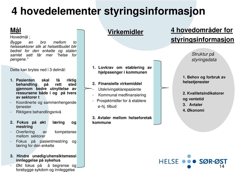 Pasienten skal få riktig behandling på rett sted gjennom bedre utnyttelse av ressursene både i og på tvers av sektorer t - Koordinerte og sammenhengende tjenester - Riktigere behandlingsnivå 2.