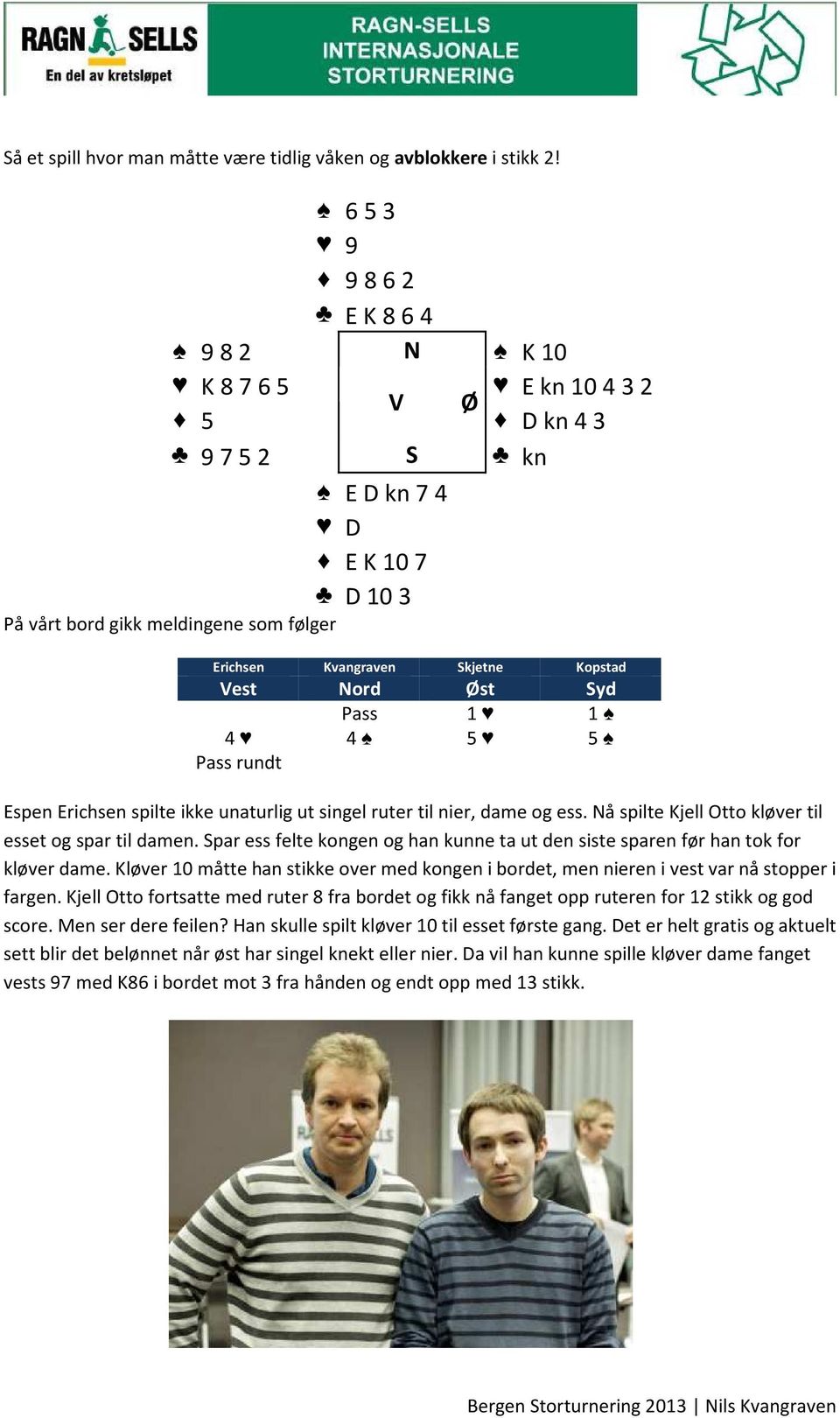 Espen Erichsen spilte ikke unaturlig ut singel ruter til nier, dame og ess. Nå spilte Kjell Otto kløver til esset og spar til damen.