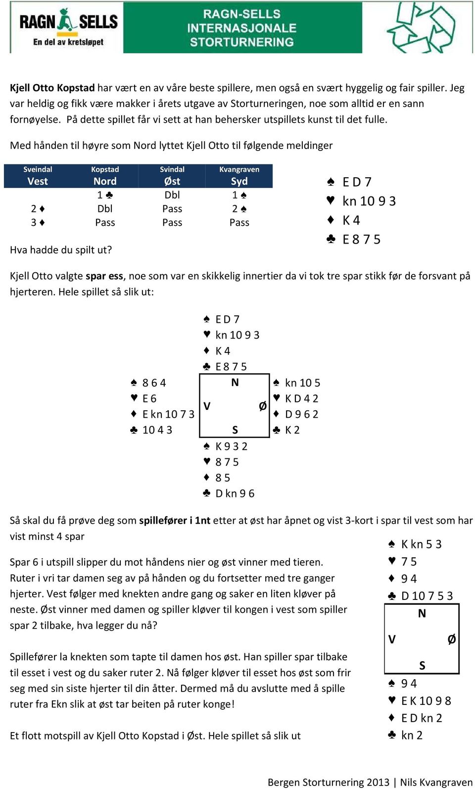 Med hånden til høyre som Nord lyttet Kjell Otto til følgende meldinger Sveindal Kopstad Svindal Kvangraven 1 Dbl 1 2 Dbl Pass 2 3 Pass Pass Pass Hva hadde du spilt ut?