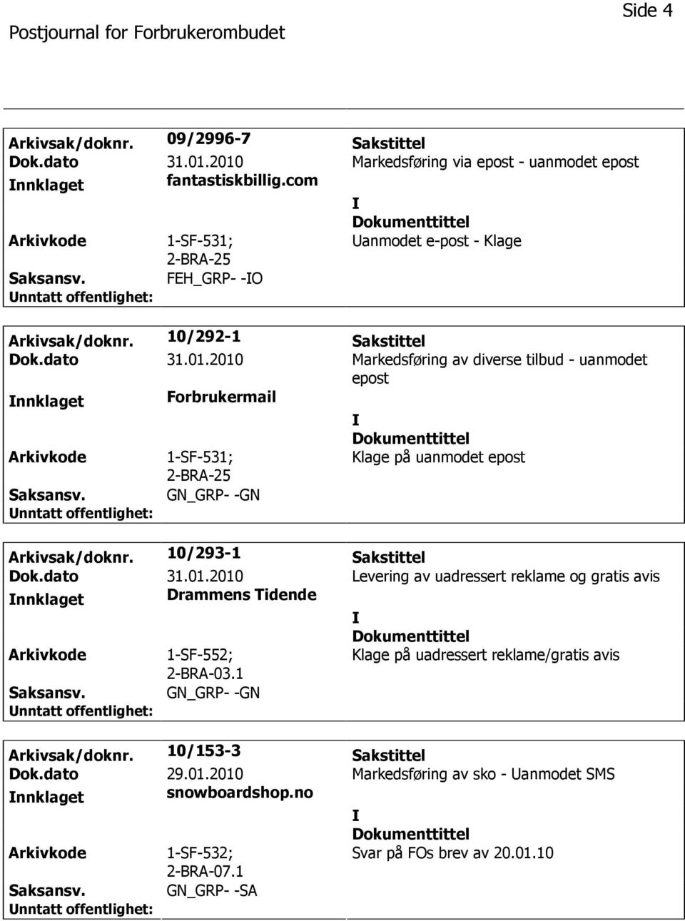 2010 Markedsføring av diverse tilbud - uanmodet epost nnklaget Forbrukermail 1-SF-531; Klage på uanmodet epost GN_GRP- -GN Arkivsak/doknr. 10/293-1 Sakstittel Dok.dato 31.01.2010 Levering av uadressert reklame og gratis avis nnklaget Drammens Tidende 1-SF-552; 2-BRA-03.