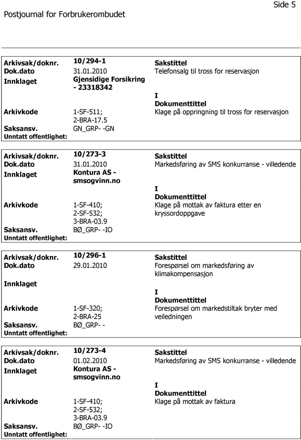 no 1-SF-410; BØ_GRP- -O Klage på mottak av faktura etter en kryssordoppgave Arkivsak/doknr. 10/296-1 Sakstittel Dok.dato 29.01.