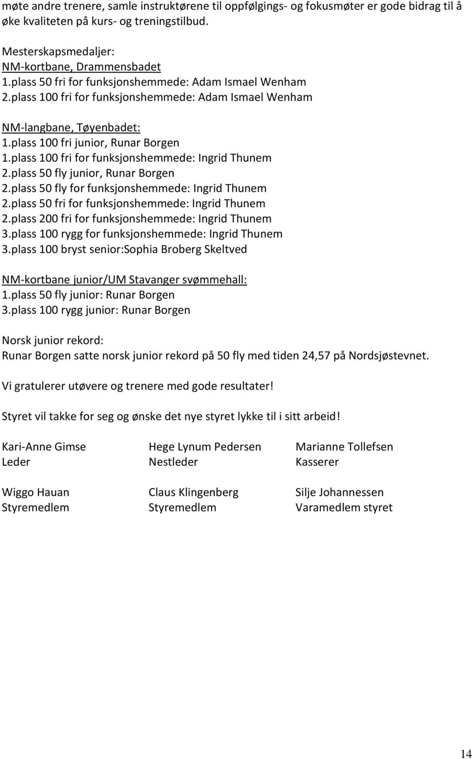 plass 100 fri for funksjonshemmede: Ingrid Thunem 2.plass 50 fly junior, Runar Borgen 2.plass 50 fly for funksjonshemmede: Ingrid Thunem 2.plass 50 fri for funksjonshemmede: Ingrid Thunem 2.