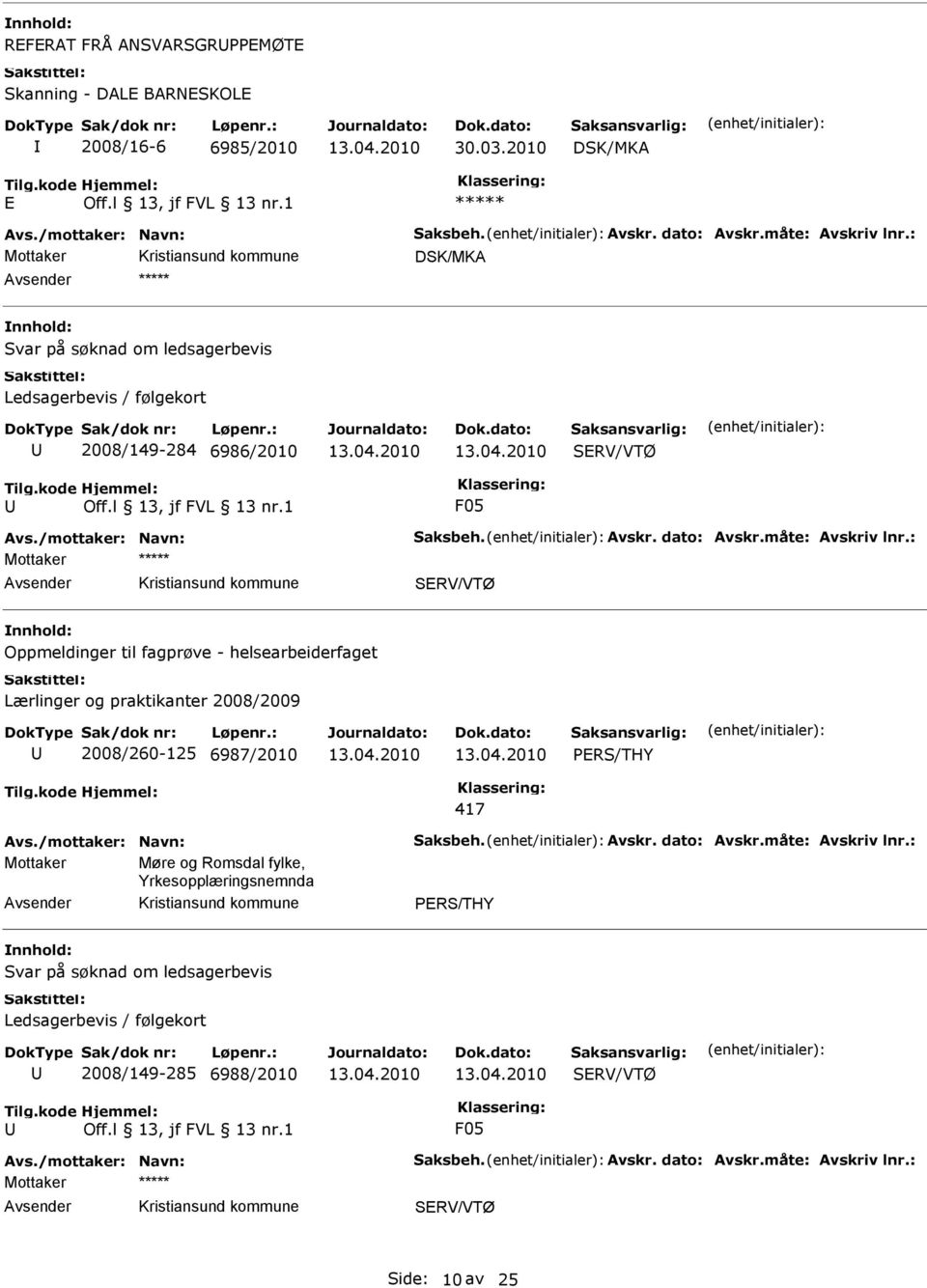 : SRV/VTØ Oppmeldinger til fagprøve - helsearbeiderfaget Lærlinger og praktikanter 2008/2009 2008/260-125 6987/2010 PRS/THY 417 Avs./mottaker: Navn: Saksbeh. Avskr. dato: Avskr.