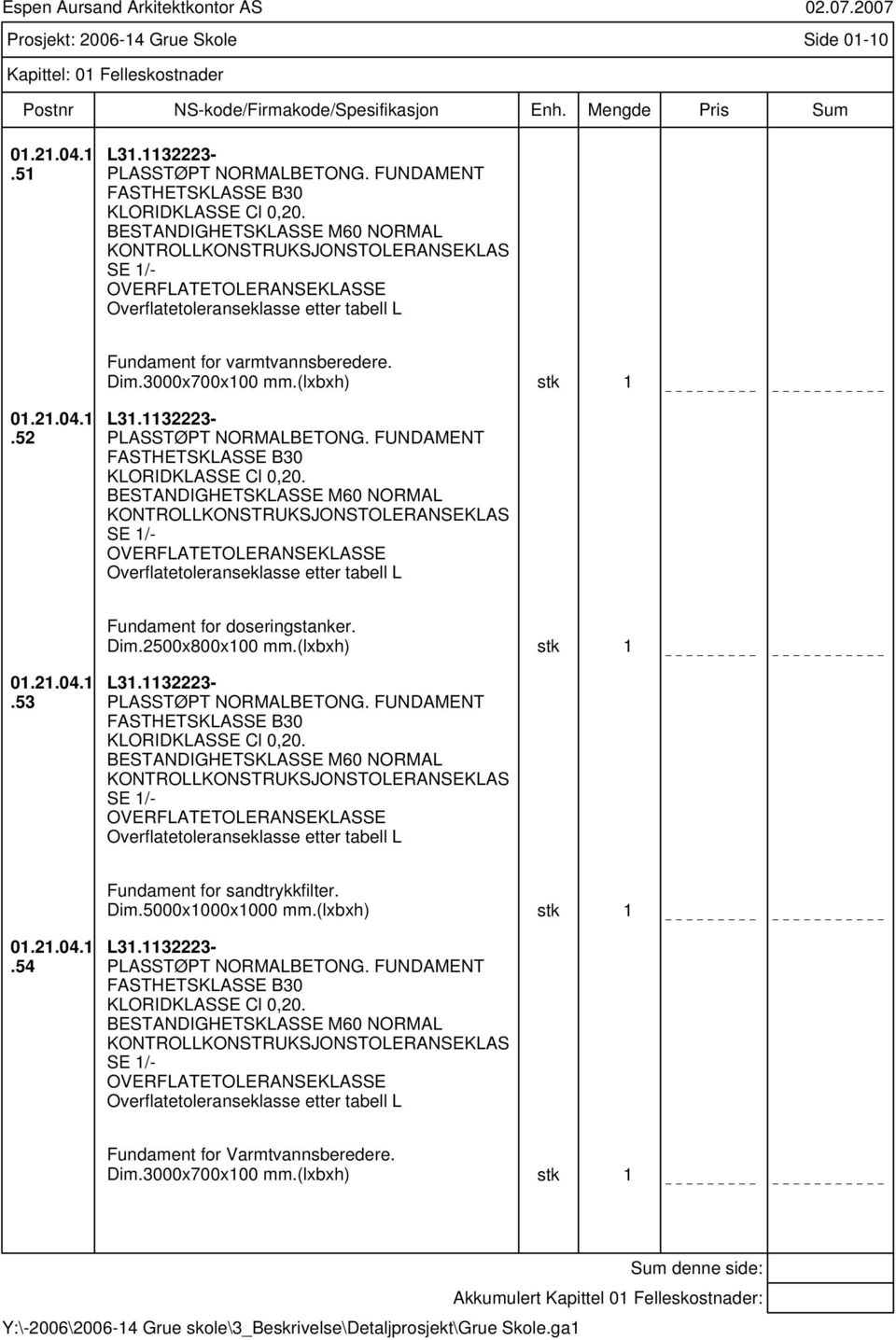 (lxbxh) stk 1 01.21.04.1.52 L31.1132223- PLASSTØPT NORMALBETONG. FUNDAMENT FASTHETSKLASSE B30 KLORIDKLASSE Cl 0,20.