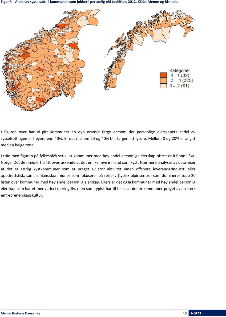 Mellom 0 og 20% er angitt med en beige tone. I tråd med figuren på fylkesnivå ser vi at kommuner med høy andel personlige eierskap oftest er å finne i Sør- Norge.
