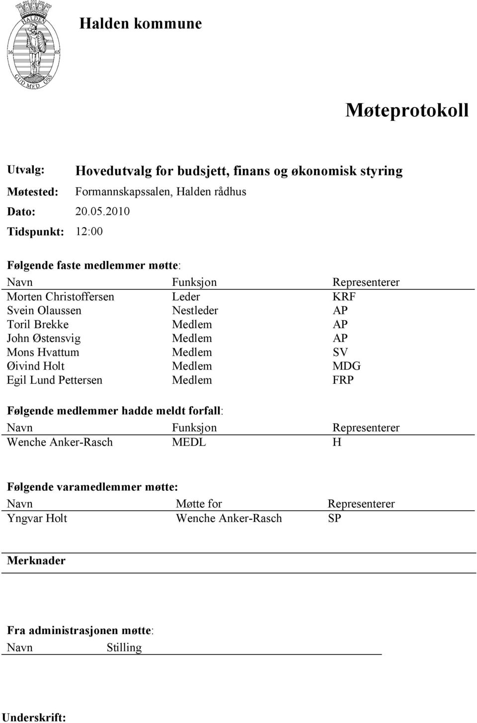 Representerer Morten Christoffersen Leder KRF Svein Olaussen Nestleder AP Toril Brekke Medlem AP John Østensvig Medlem AP Mons Hvattum Medlem SV Øivind Holt Medlem