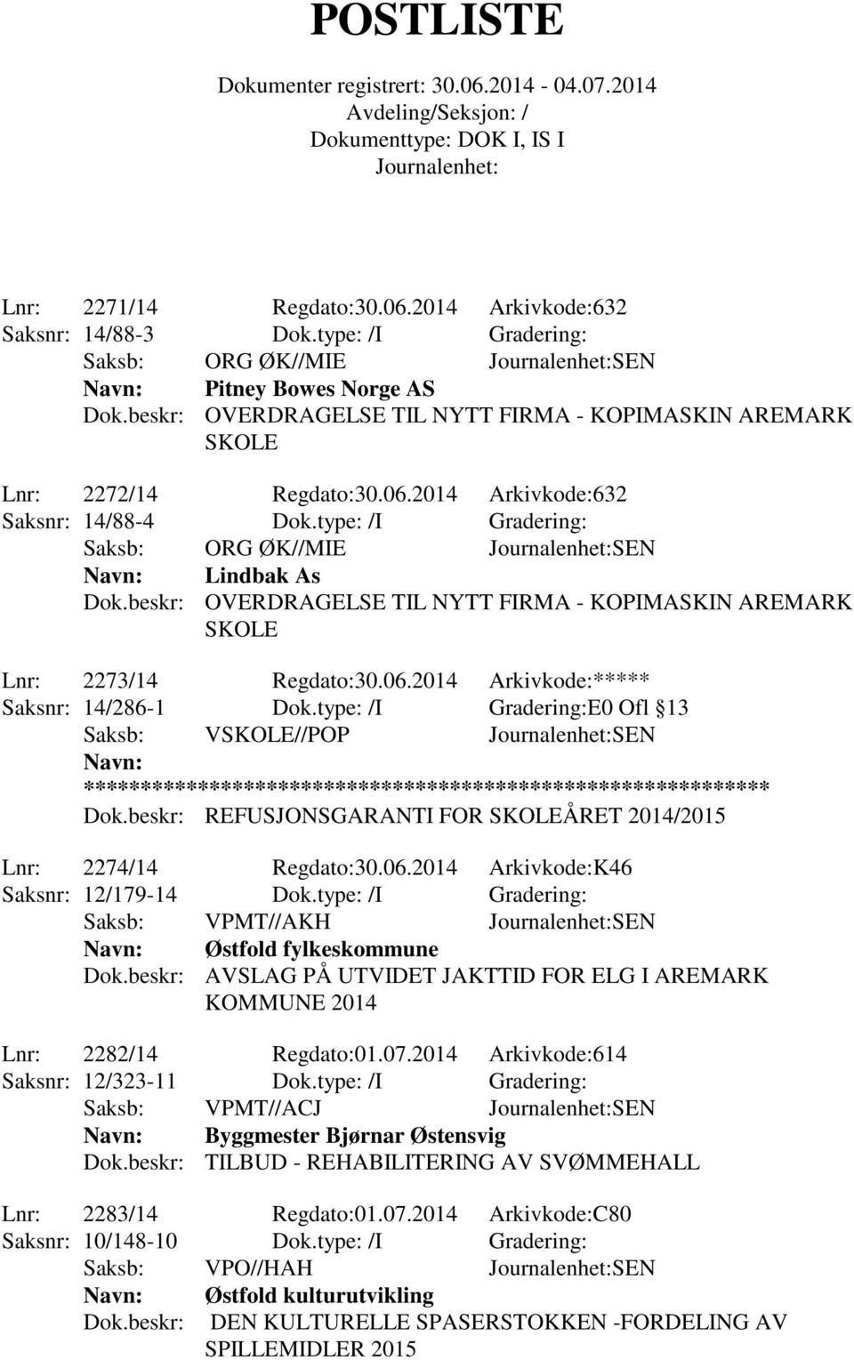 beskr: OVERDRAGELSE TIL NYTT FIRMA - KOPIMASKIN AREMARK SKOLE Lnr: 2273/14 Regdato:30.06.2014 Arkivkode:***** Saksnr: 14/286-1 Dok.type: /I Gradering:E0 Ofl 13 Dok.