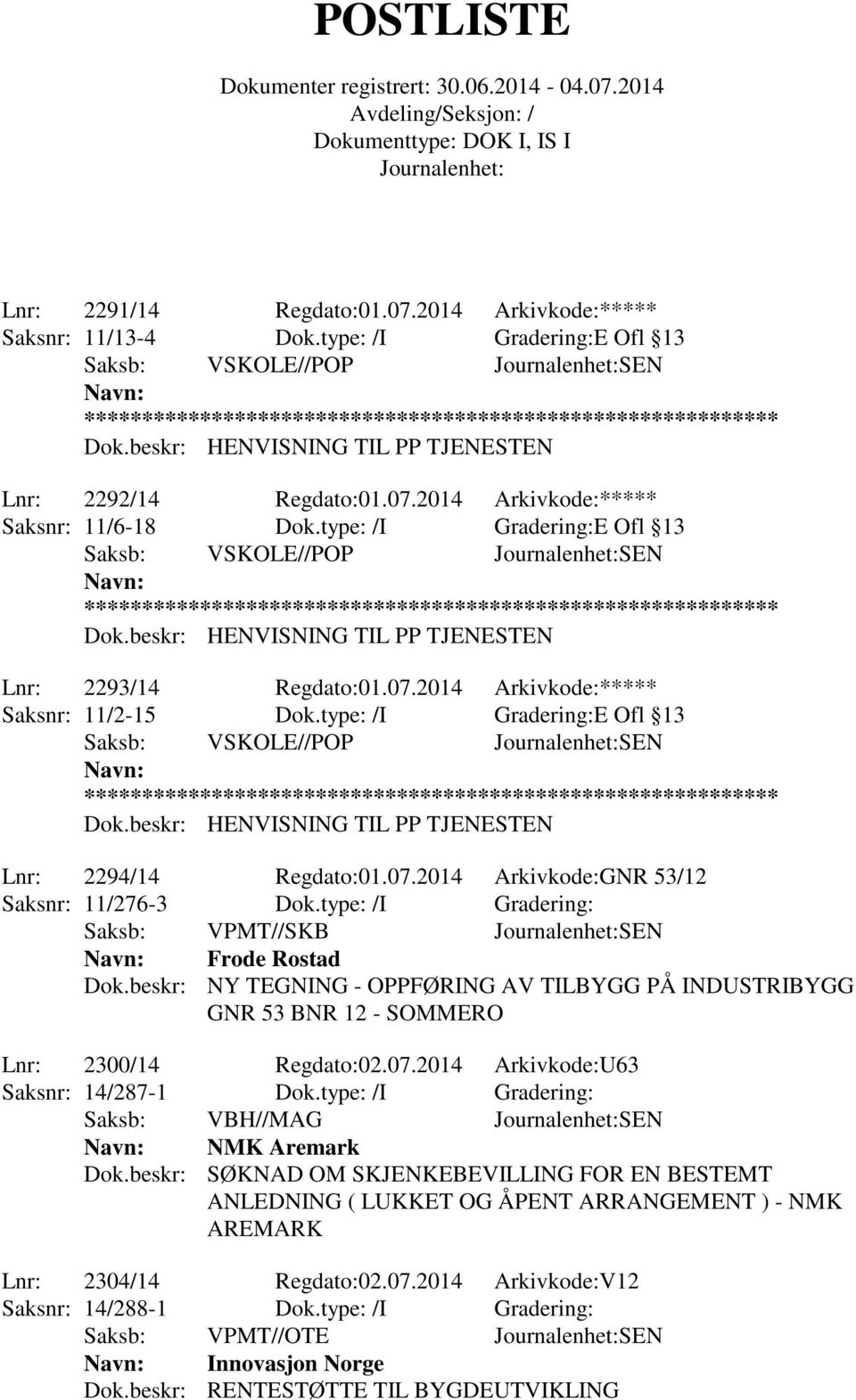 07.2014 Arkivkode:GNR 53/12 Saksnr: 11/276-3 Dok.type: /I Gradering: Saksb: VPMT//SKB SEN Frode Rostad Dok.