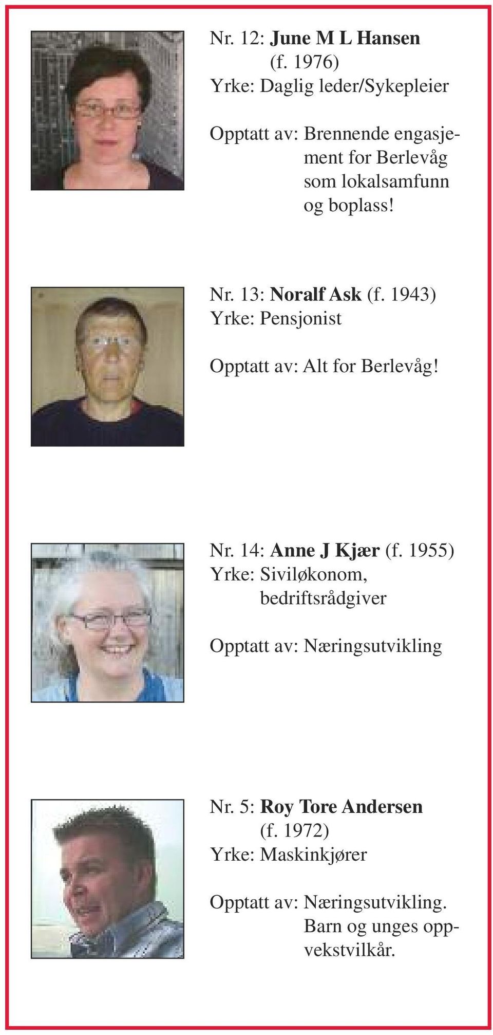 boplass! Nr. 13: Noralf Ask (f. 1943) Yrke: Pensjonist Opptatt av: Alt for Berlevåg! Nr. 14: Anne J Kjær (f.