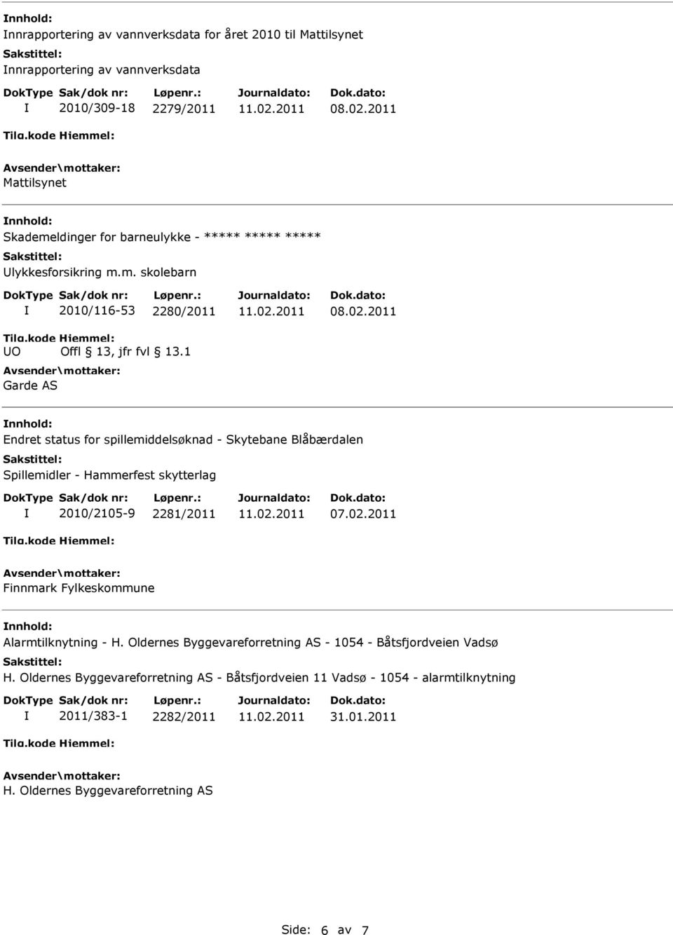 1 Garde AS nnhold: Endret status for spillemiddelsøknad - Skytebane Blåbærdalen Spillemidler - Hammerfest skytterlag 2010/2105-9 2281/2011 07.02.