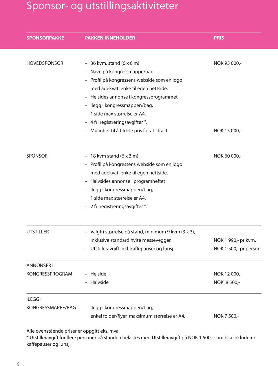 Helsides annonse i kongressprogrammet Ilegg i kongressmappen/bag, 1 side max størrelse er A4. 4 fri registreringsavgifter *. Mulighet til å tildele pris for abstract.