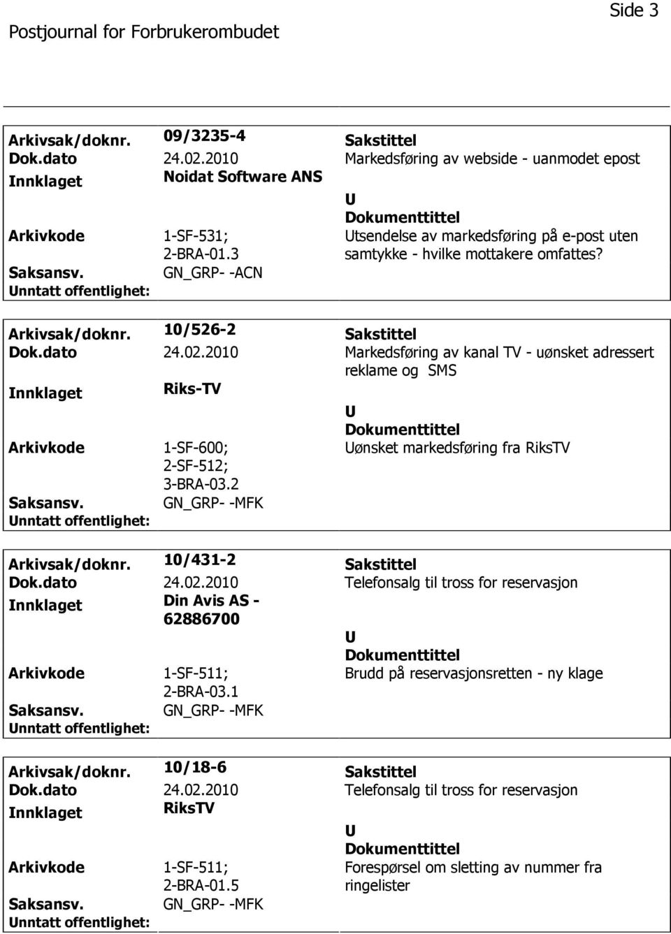 2010 Markedsføring av kanal TV - uønsket adressert reklame og SMS nnklaget Riks-TV 1-SF-600; 2-SF-512; 3-BRA-03.2 GN_GRP- -MFK ønsket markedsføring fra RiksTV Arkivsak/doknr.