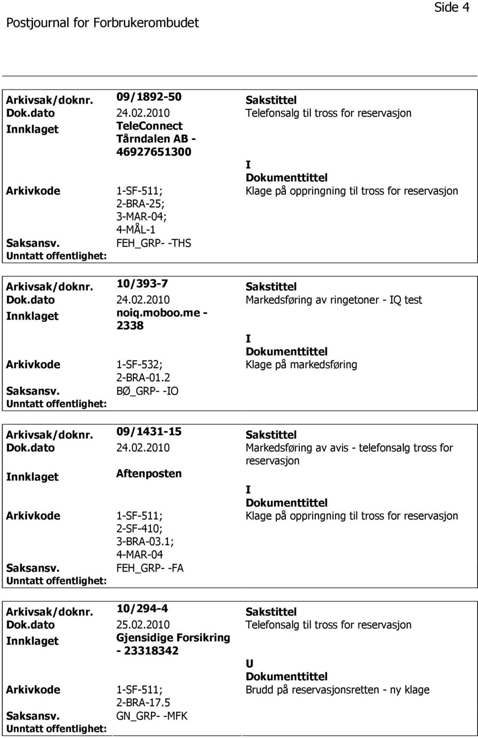 09/1431-15 Sakstittel Dok.dato 24.02.2010 Markedsføring av avis - telefonsalg tross for reservasjon nnklaget Aftenposten 1-SF-511; 2-SF-410; 3-BRA-03.