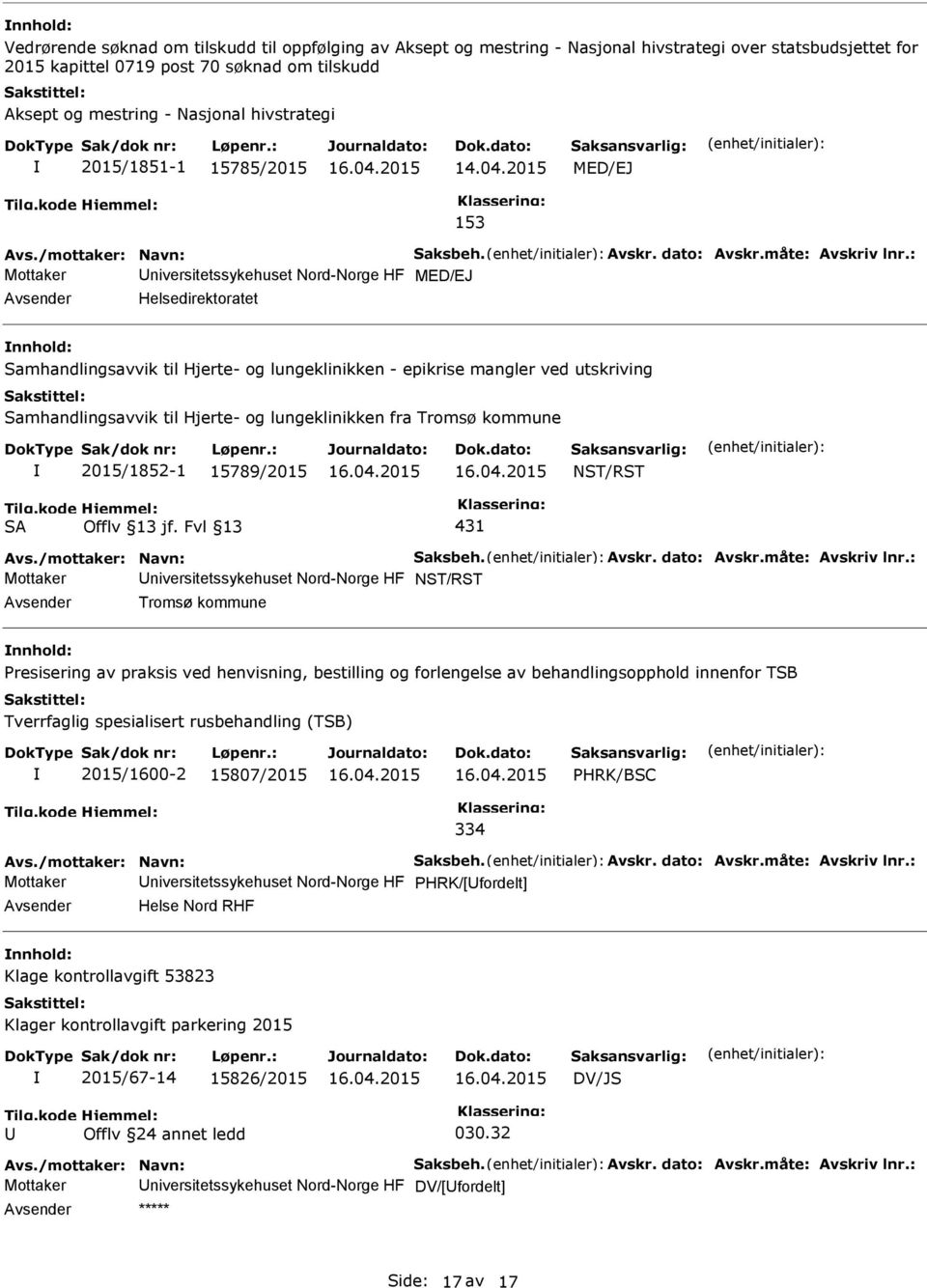 : Mottaker niversitetssykehuset Nord-Norge HF MED/EJ Helsedirektoratet Samhandlingsavvik til Hjerte- og lungeklinikken - epikrise mangler ved utskriving Samhandlingsavvik til Hjerte- og