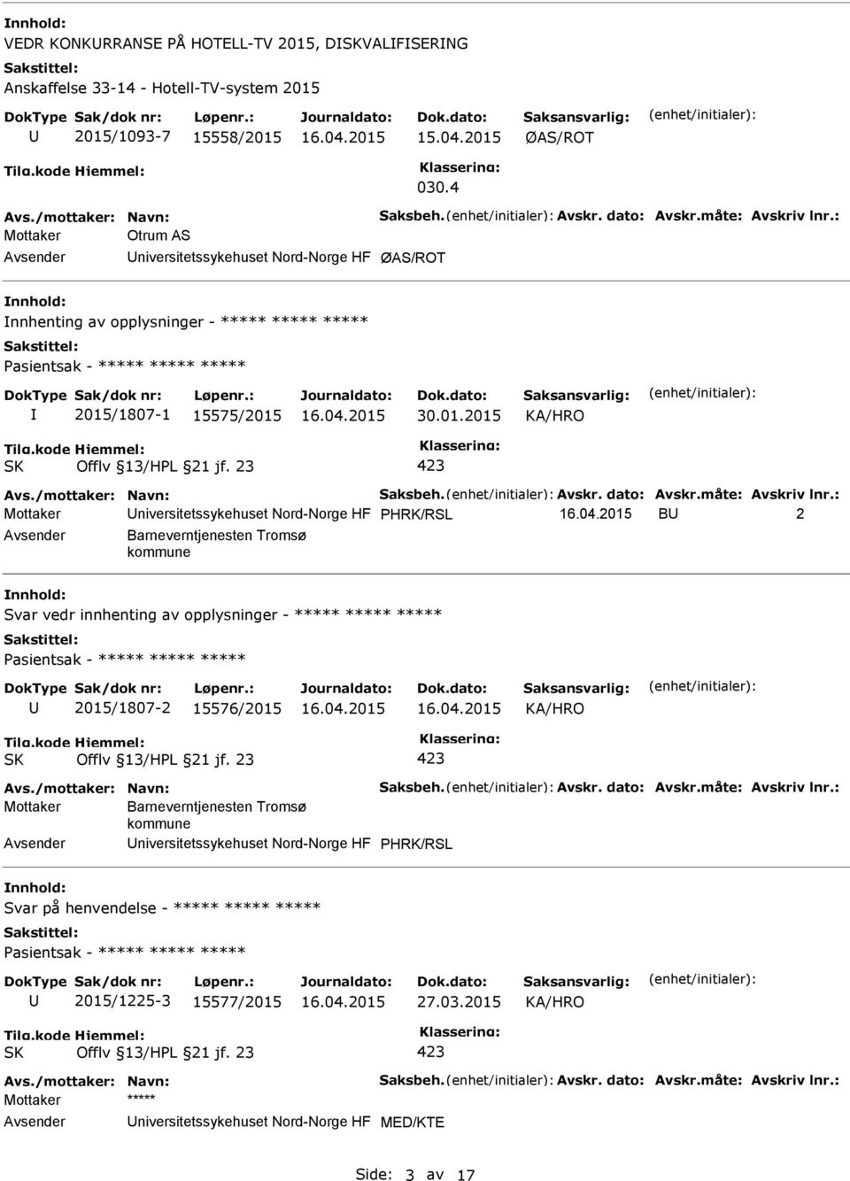 måte: Avskriv lnr.: Mottaker niversitetssykehuset Nord-Norge HF PHRK/RSL B 2 Barneverntjenesten Tromsø kommune Svar vedr innhenting av opplysninger - ***** ***** ***** 2015/1807-2 15576/2015 Avs.