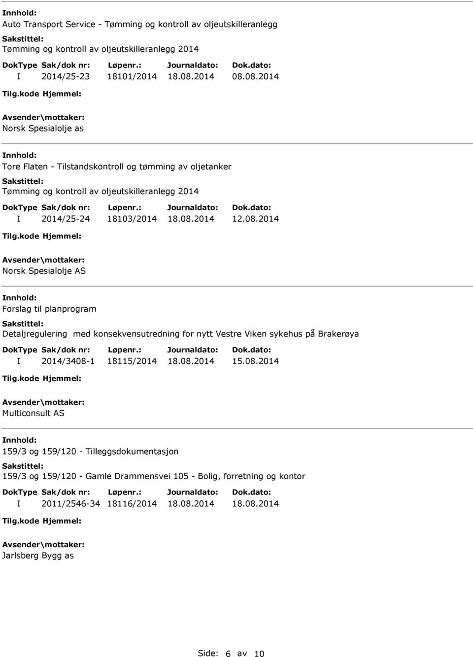 08.2014 Norsk Spesialolje AS nnhold: Forslag til planprogram Detaljregulering med konsekvensutredning for nytt Vestre Viken sykehus på Brakerøya 2014/3408-1 18115/2014