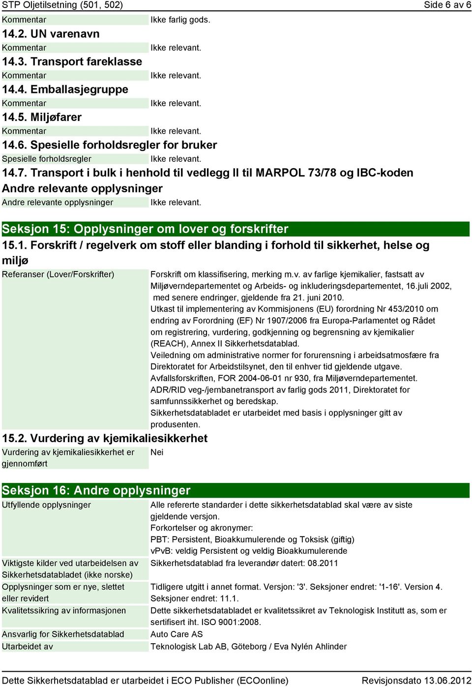 : Opplysninger om lover og forskrifter 15.1. Forskrift / regelverk om stoff eller blanding i forhold til sikkerhet, helse og miljø Referanser (Lover/Forskrifter) 15.2.