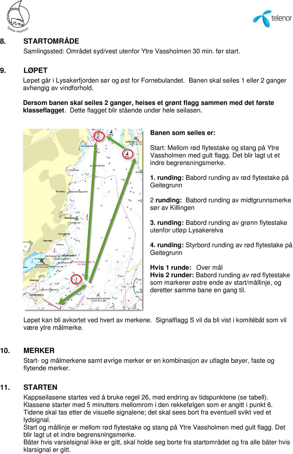 Dette flagget blir stående under hele seilasen. Banen som seiles er: Start: Mellom rød flytestake og stang på Ytre Vassholmen med gult flagg. Det blir lagt ut et indre begrensningsmerke. 1.