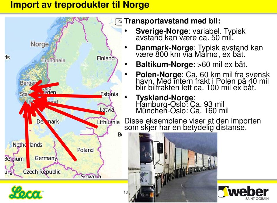 60 km mil fra svensk havn. Med intern frakt i Polen på 40 mil blir bilfrakten lett ca. 100 mil ex båt.