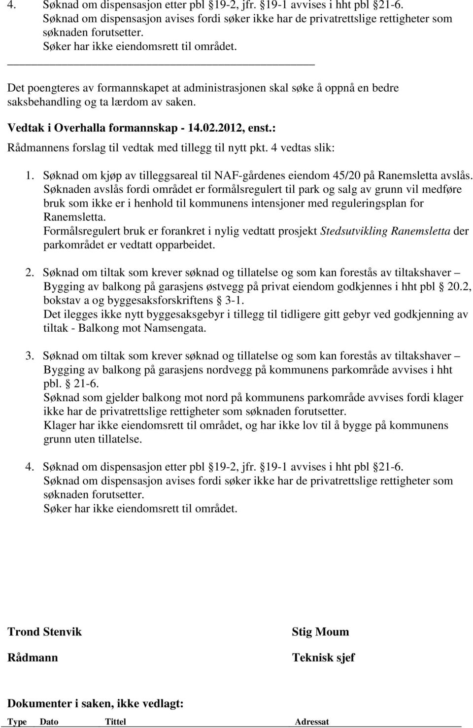 2012, enst.: Rådmannens forslag til vedtak med tillegg til nytt pkt. 4 vedtas slik: 1. Søknad om kjøp av tilleggsareal til NAF-gårdenes eiendom 45/20 på Ranemsletta avslås.