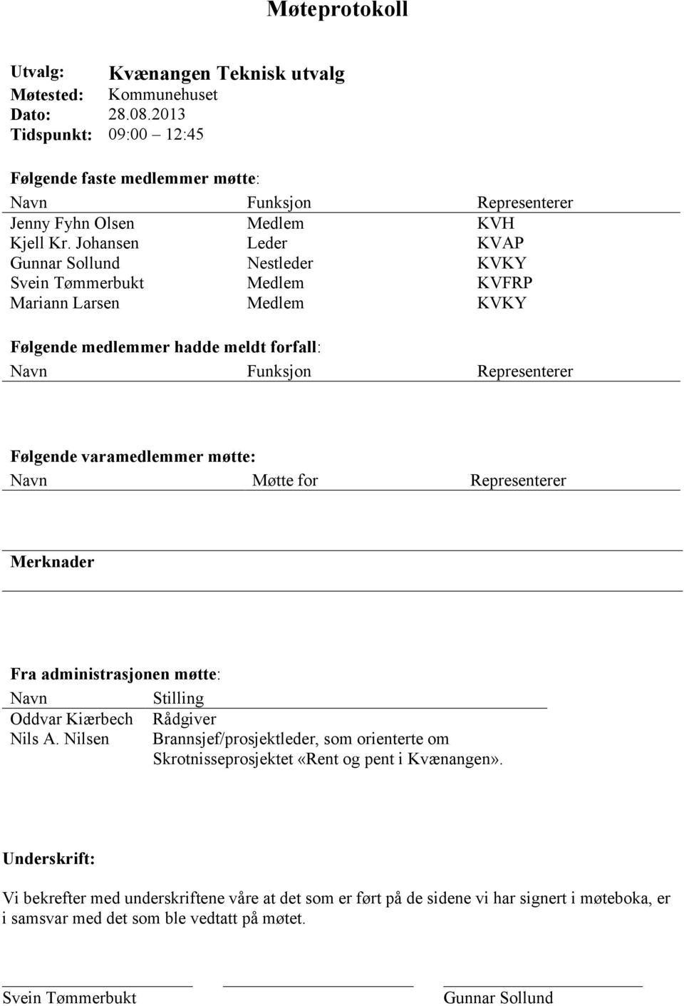 Johansen Leder KVAP Gunnar Sollund Nestleder KVKY Svein Tømmerbukt Medlem KVFRP Mariann Larsen Medlem KVKY Følgende medlemmer hadde meldt forfall: Navn Funksjon Representerer Følgende varamedlemmer