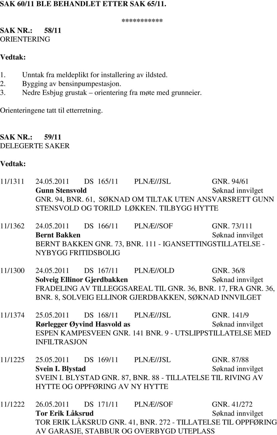 94, BNR. 61, SØKNAD OM TILTAK UTEN ANSVARSRETT GUNN STENSVOLD OG TORILD LØKKEN. TILBYGG HYTTE 11/1362 24.05.2011 DS 166/11 PLNÆ//SOF GNR. 73/111 Bernt Bakken BERNT BAKKEN GNR. 73, BNR.