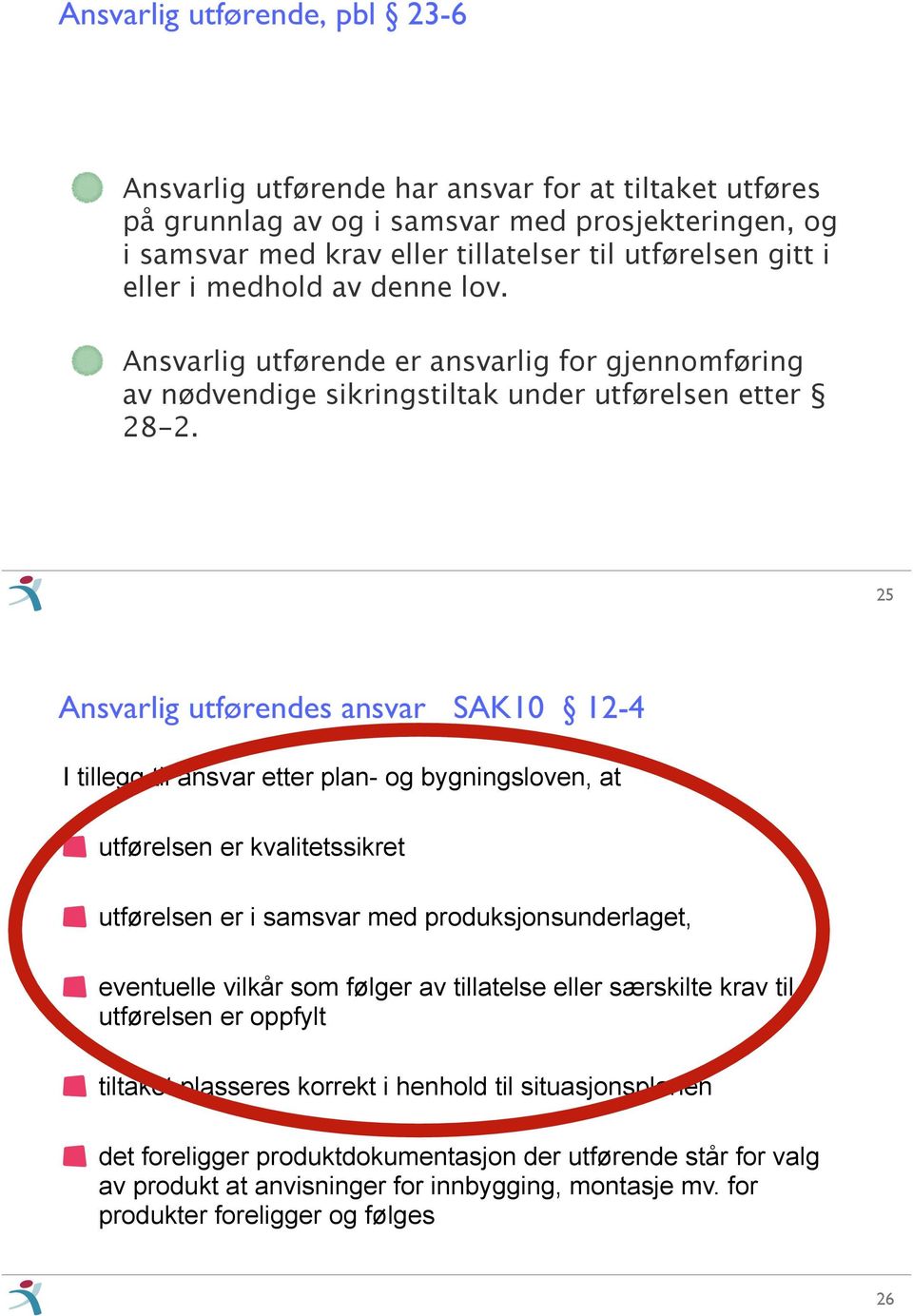 25 I tillegg til ansvar etter plan- og bygningsloven, at utførelsen er kvalitetssikret utførelsen er i samsvar med produksjonsunderlaget, eventuelle vilkår som følger av tillatelse eller