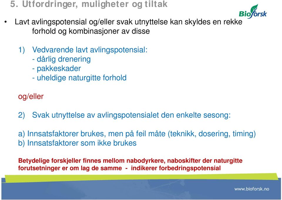 avlingspotensialet den enkelte sesong: a) Innsatsfaktorer brukes, men på feil måte (teknikk, dosering, timing) b) Innsatsfaktorer som ikke