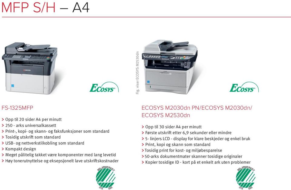 nettverkstilkobling som standard Kompakt design Meget pålitelig takket være komponenter med lang levetid Høy tonerutnyttelse og eksepsjonelt lave utskriftskostnader ECOSYS M2030dn PN /