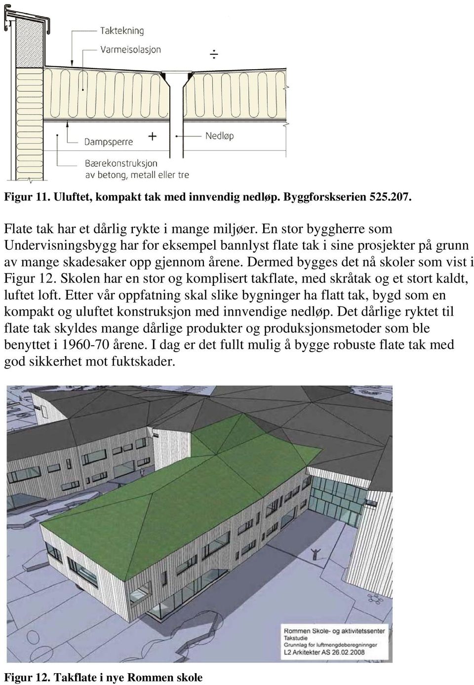 Skolen har en stor og komplisert takflate, med skråtak og et stort kaldt, luftet loft.