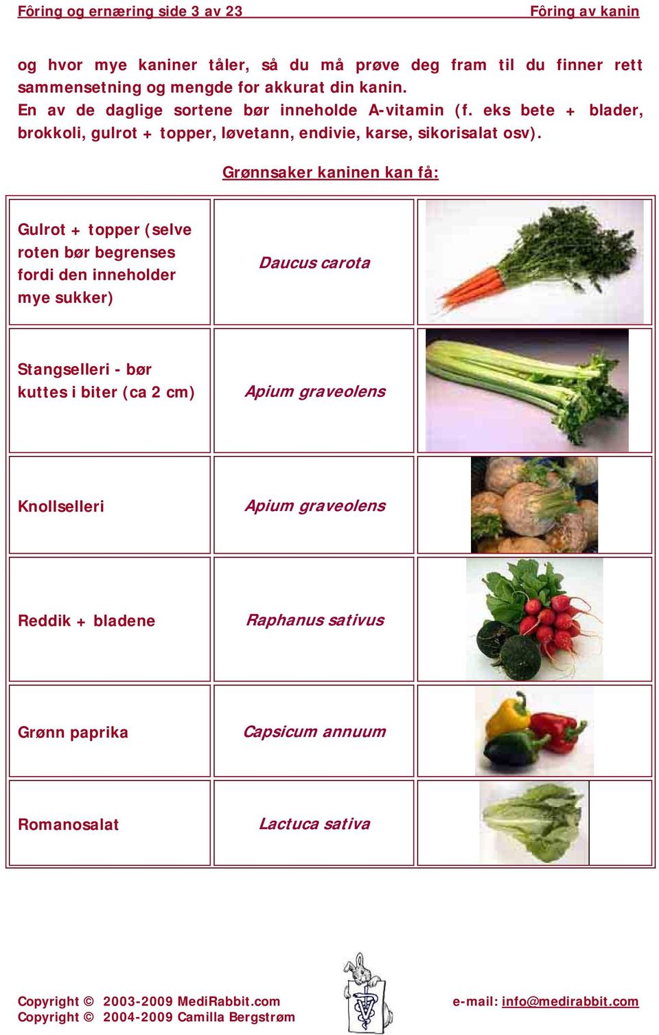Grønnsaker en kan få: Gulrot + topper (selve roten bør begrenses fordi den inneholder mye sukker) Daucus carota Stangselleri - bør kuttes i