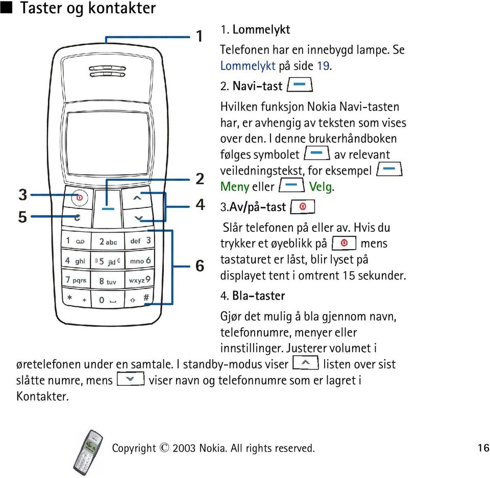 I denne brukerhåndboken følges symbolet av relevant veiledningstekst, for eksempel Meny eller Velg. 3.Av/på-tast Slår telefonen på eller av.