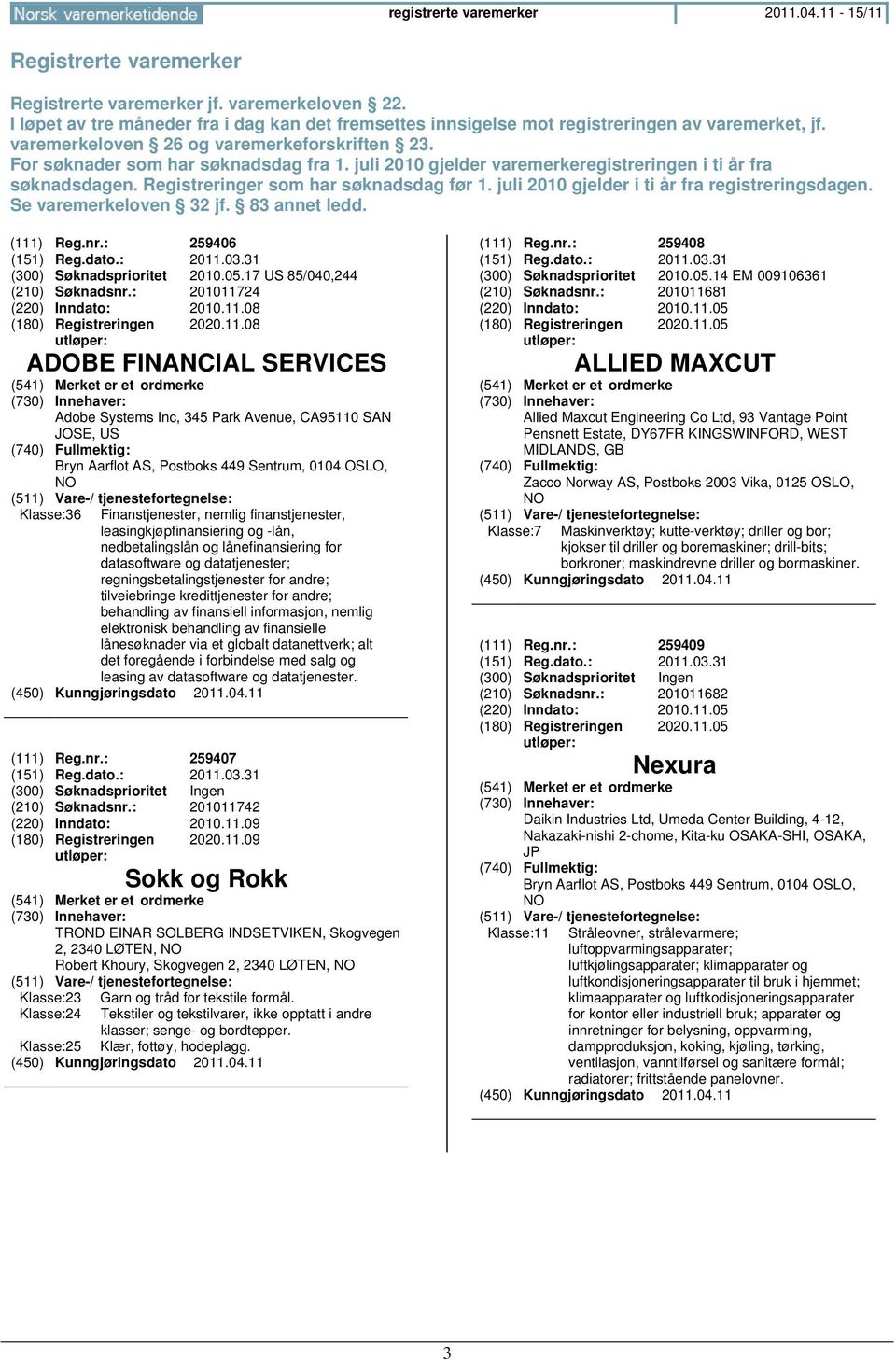 juli 2010 gjelder varemerkeregistreringen i ti år fra søknadsdagen. Registreringer som har søknadsdag før 1. juli 2010 gjelder i ti år fra registreringsdagen. Se varemerkeloven 32 jf. 83 annet ledd.