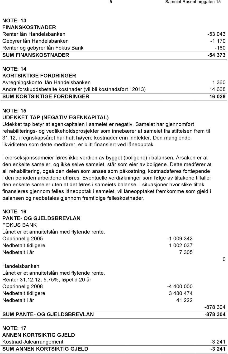 EGENKAPITAL) Udekket tap betyr at egenkapitalen i sameiet er negativ. Sameiet har gjennomført rehabiliterings- og vedlikeholdsprosjekter som innebærer at sameiet fra stiftelsen frem til 31.12.