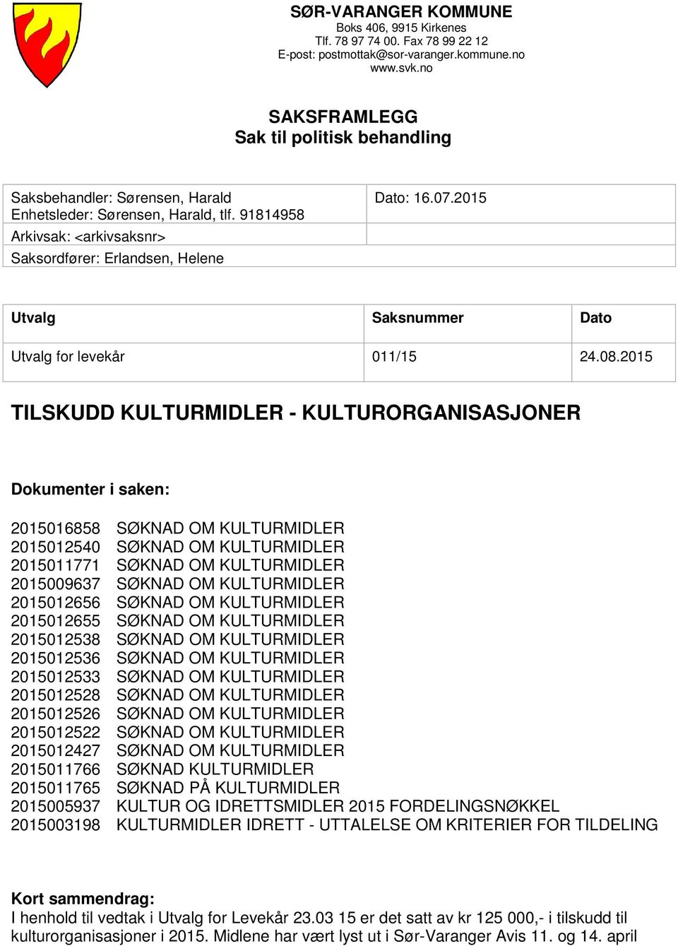 2015 Utvalg Saksnummer Dato Utvalg for levekår 011/15 24.08.
