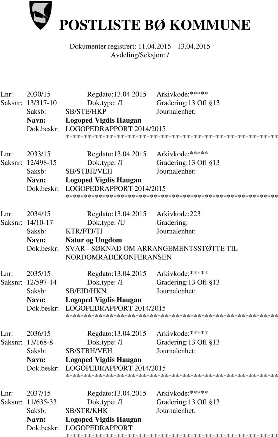 beskr: SVAR - SØKNAD OM ARRANGEMENTSSTØTTE TIL NORDOMRÅDEKONFERANSEN Lnr: 2035/15 Regdato:13.04.2015 Arkivkode:***** Saksnr: 12/597-14 Dok.