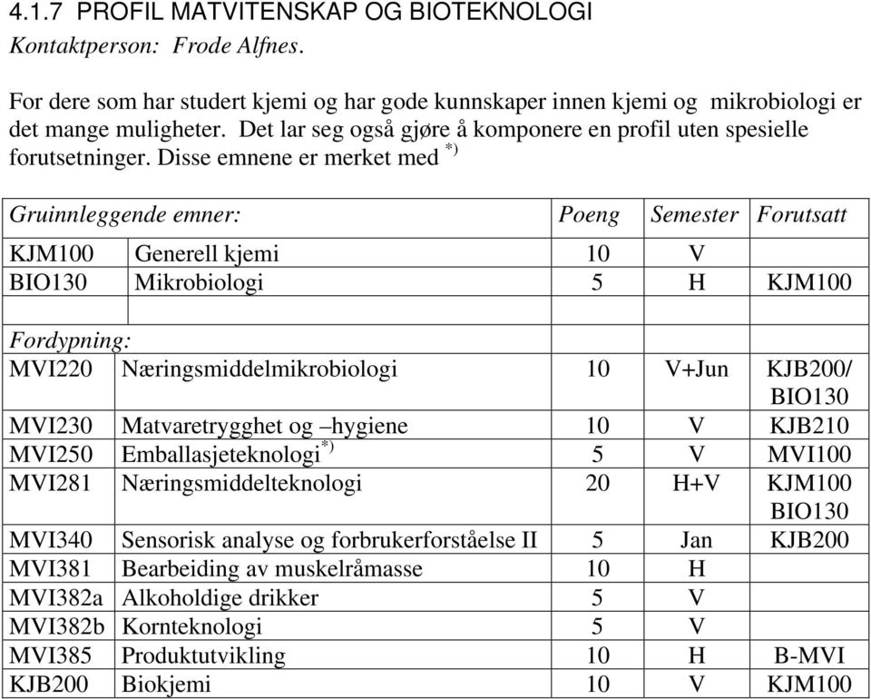 Disse emnene er merket med *) Gruinnleggende emner: Poeng Semester Forutsatt BIO130 Mikrobiologi 5 H KJM100 MVI220 Næringsmiddelmikrobiologi 10 V+Jun KJB200/ BIO130 MVI230 Matvaretrygghet og