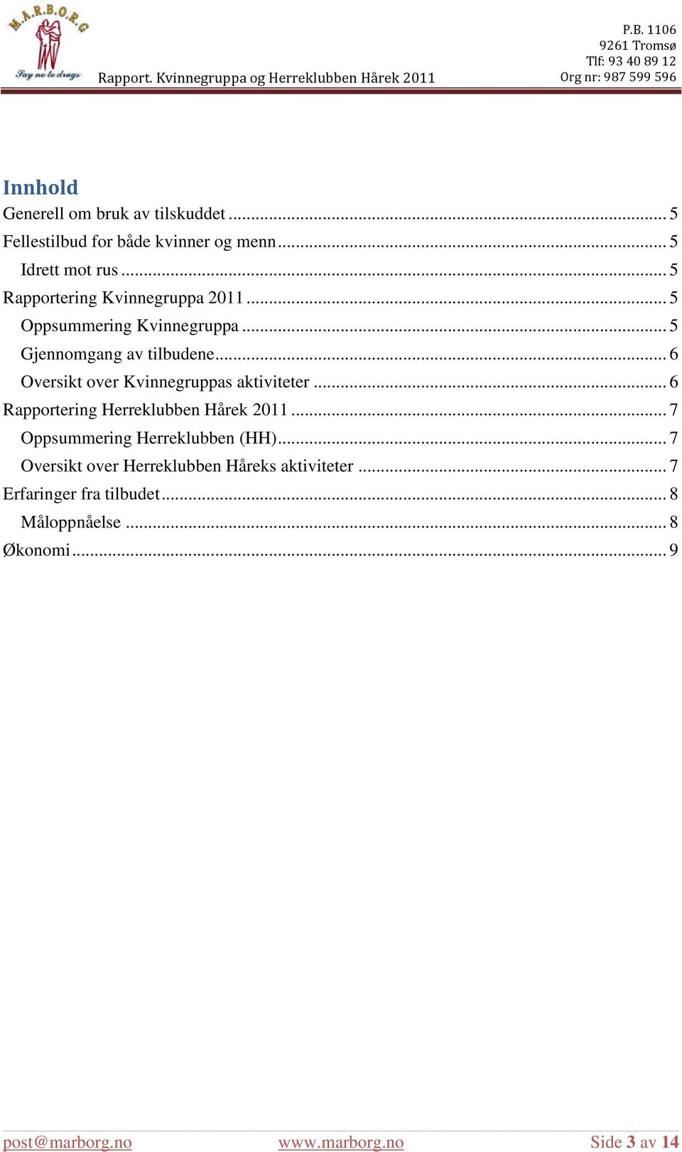 .. 6 Oversikt over Kvinnegruppas aktiviteter... 6 Rapportering Herreklubben Hårek 2011... 7 Oppsummering Herreklubben (HH).