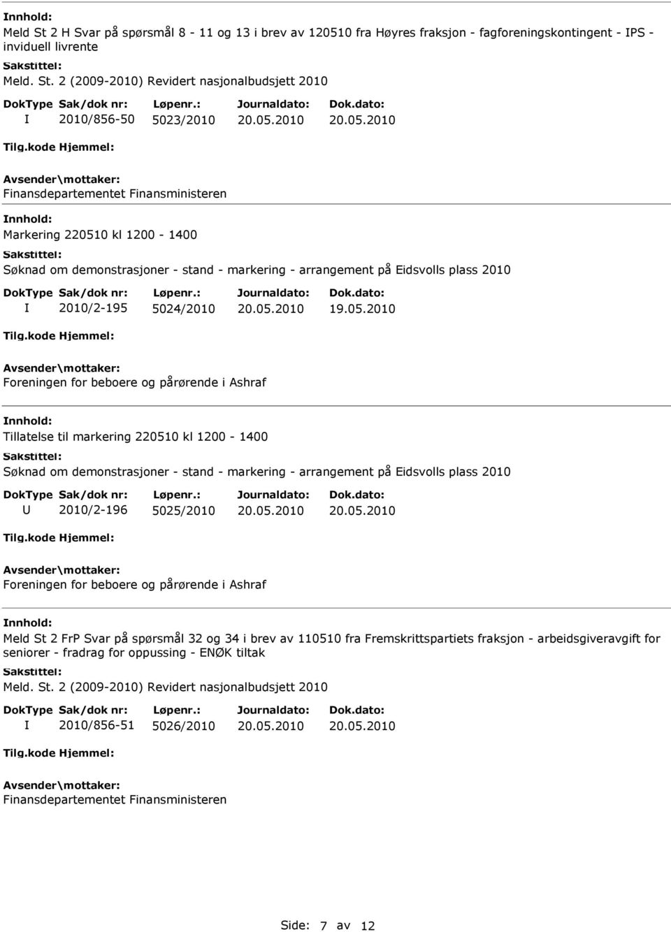 markering 220510 kl 1200-1400 2010/2-196 5025/2010 Foreningen for beboere og pårørende i Ashraf Meld St 2 FrP Svar på spørsmål 32 og 34 i