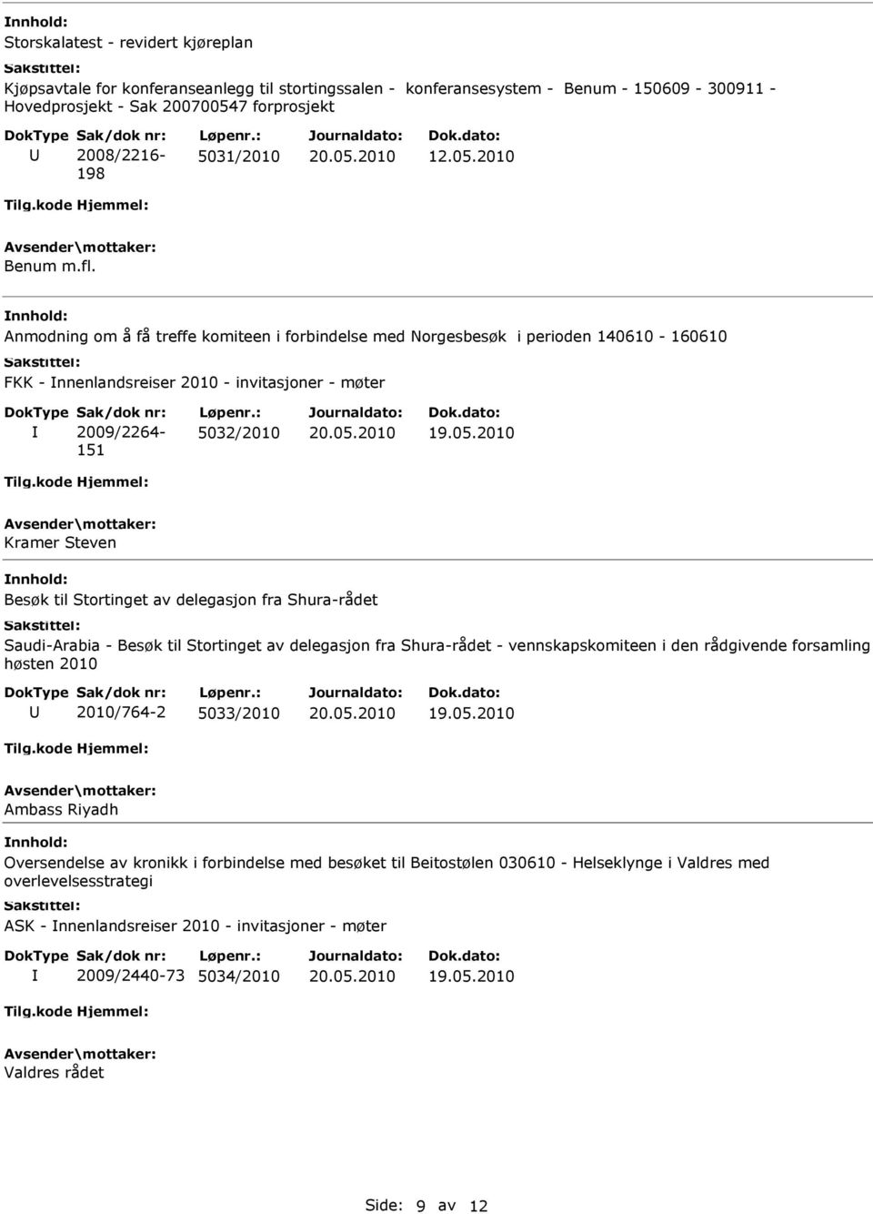 Anmodning om å få treffe komiteen i forbindelse med Norgesbesøk i perioden 140610-160610 FKK - nnenlandsreiser 2010 - invitasjoner - møter Sak/dok nr: 2009/2264-151 Løpenr.