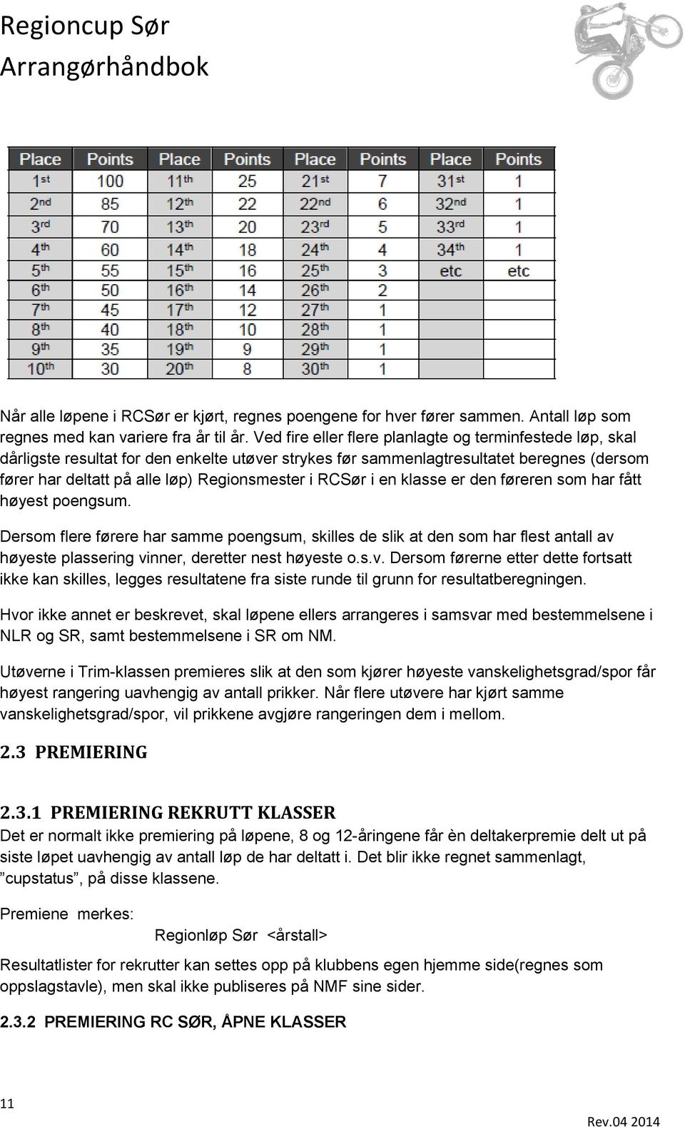 RCSør i en klasse er den føreren som har fått høyest poengsum.