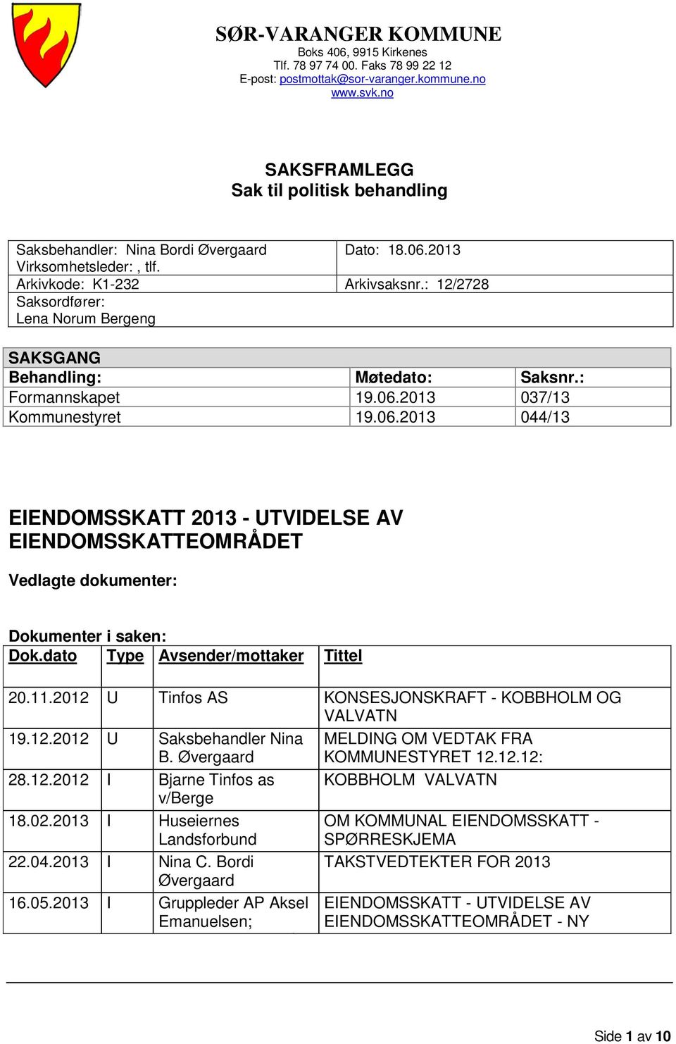 : 12/2728 Saksordfører: Lena Norum Bergeng SAKSGANG Behandling: Møtedato: Saksnr.: Formannskapet 19.06.