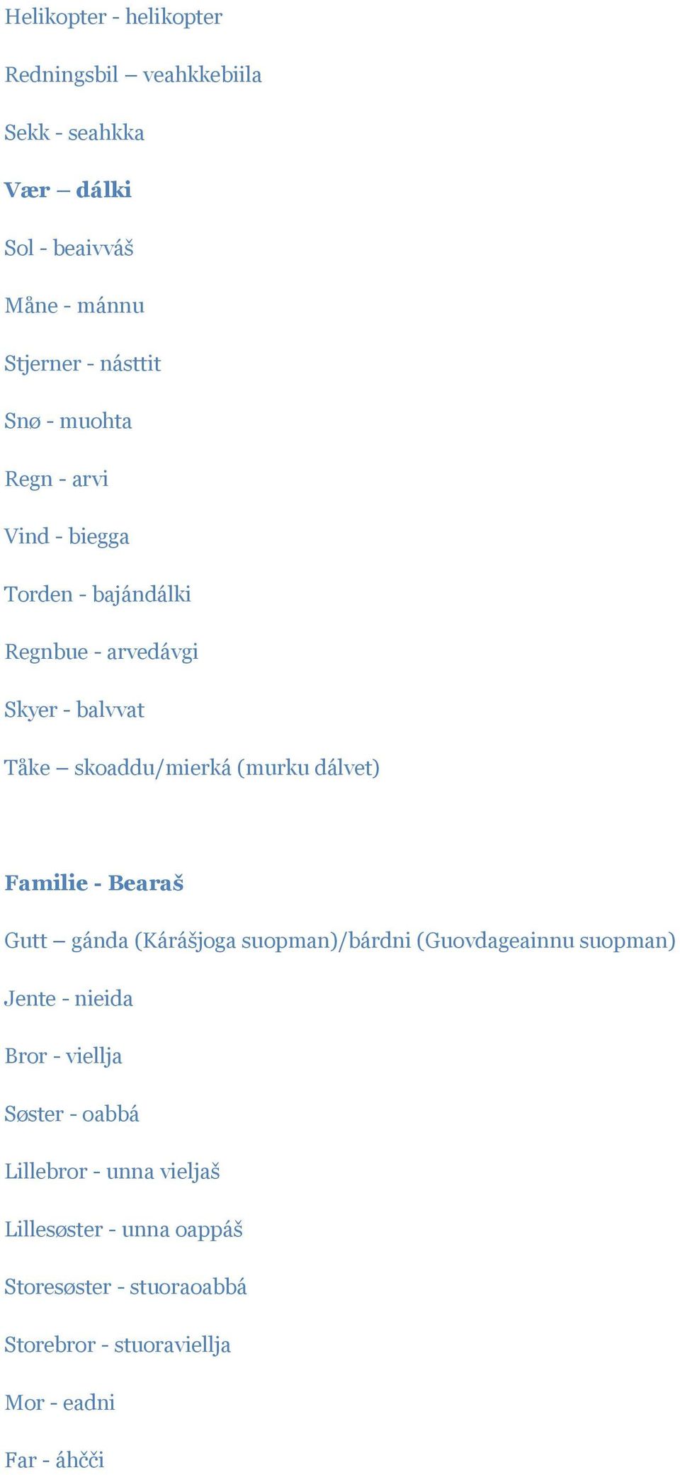 Familie - Bearaš Gutt gánda (Kárášjoga suopman)/bárdni (Guovdageainnu suopman) Jente - nieida Bror - viellja Søster - oabbá