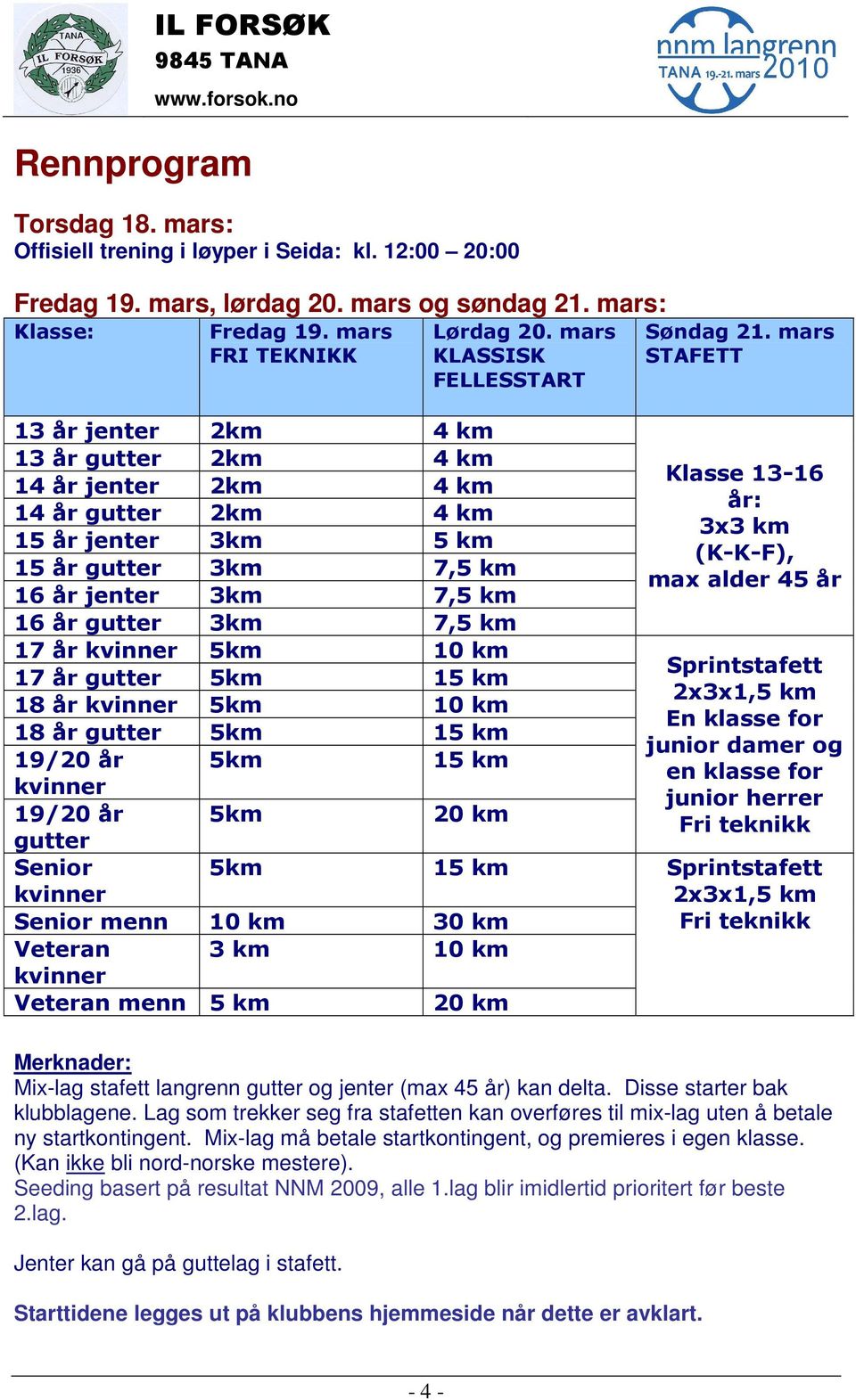 mars STAFETT 13 år jenter 2km 4 km 13 år gutter 2km 4 km 14 år jenter 2km 4 km 14 år gutter 2km 4 km 15 år jenter 3km 5 km 15 år gutter 3km 7,5 km 16 år jenter 3km 7,5 km 16 år gutter 3km 7,5 km 17